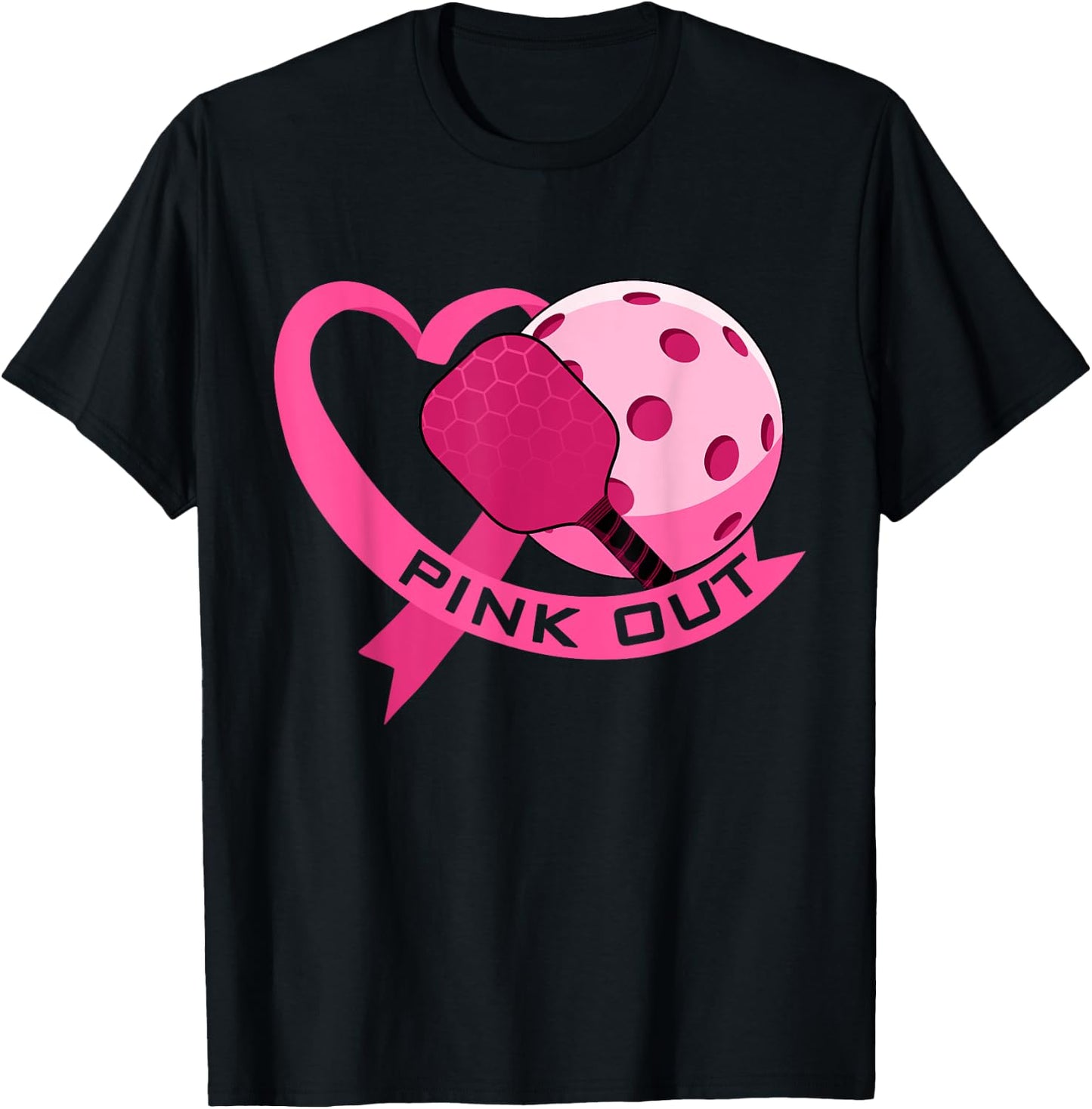 Pink Out Breast Cancer Pink Ribbon Heart & Pickleball Ball T-Shirt - T-Shirt | Black
