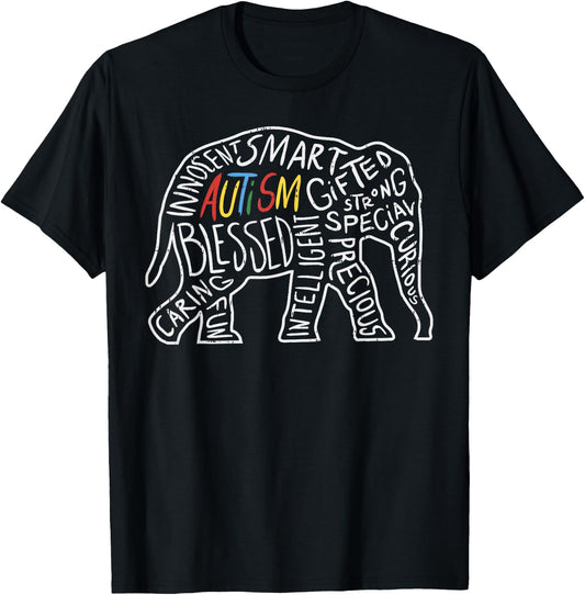 Autism Awareness Elephant Shirt Words Animal Lover Gift T-Shirt - T-Shirt | Black