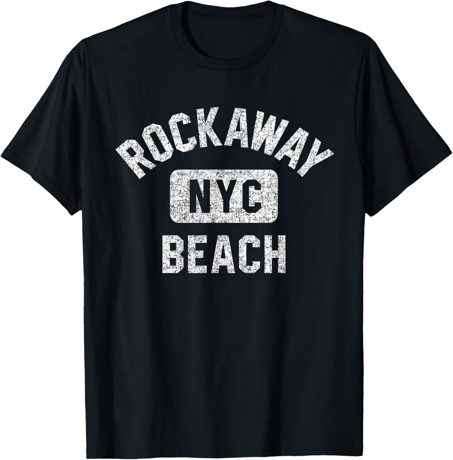 Rockaway Beach NYC Gym Style Distressed White Print Men Women Girls Kids T-Shirt - T-Shirt | Black