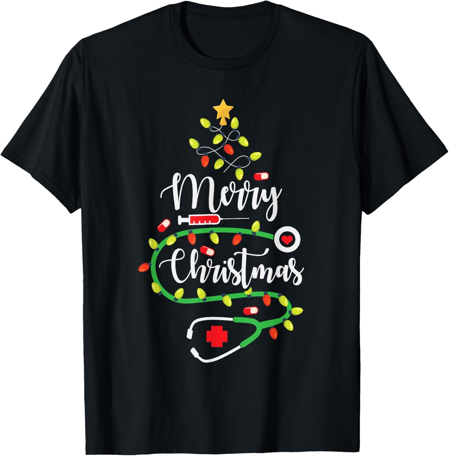 Merry Christmas Cute Registered Nurse Medical Stethoscope T-Shirt - T-Shirt | Black