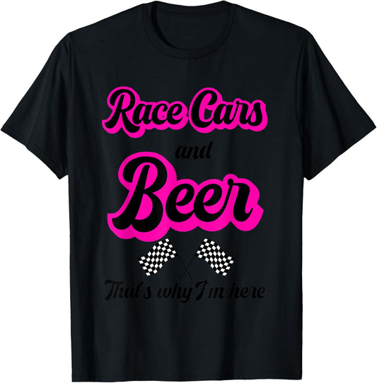 Race Car Gifts Women Pink Race Cars And Beer Checkered Flag T-Shirt - T-Shirt | Black