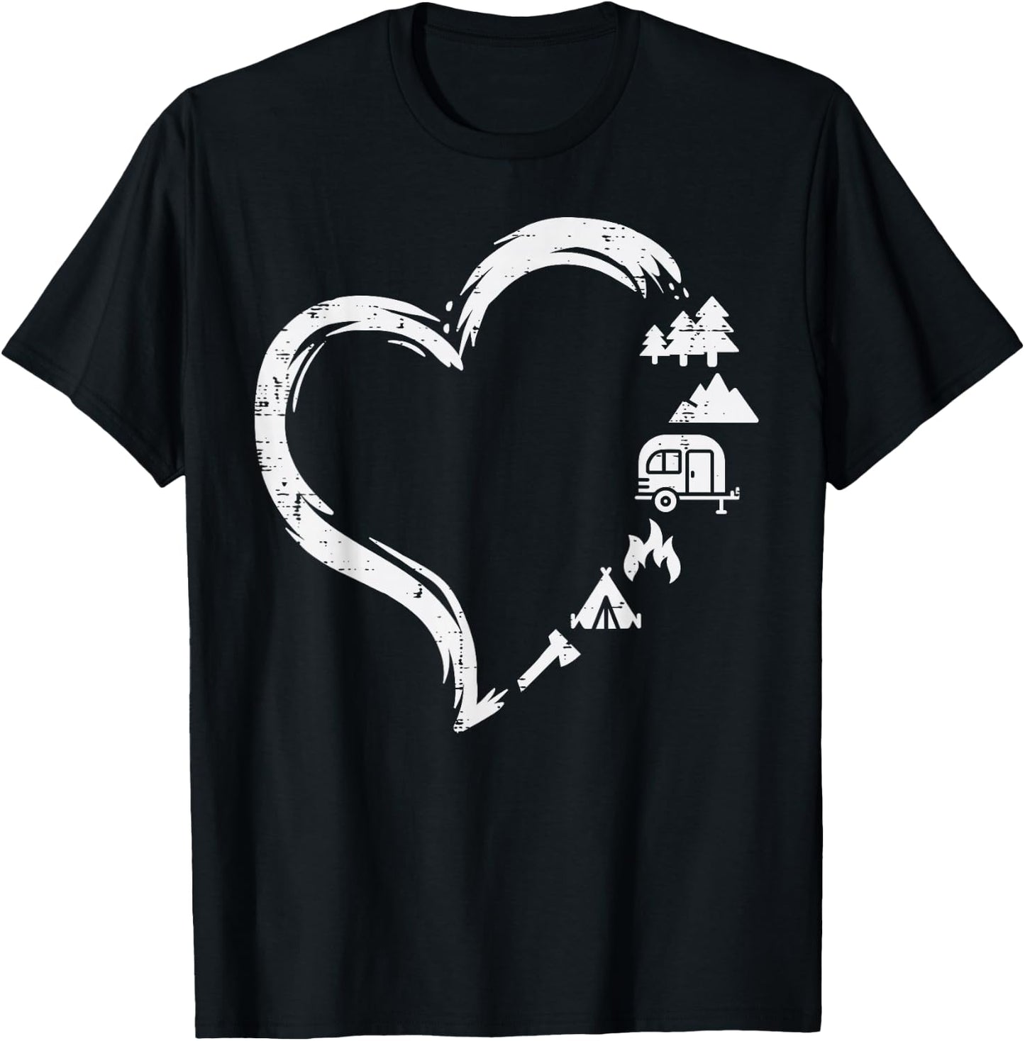 Trees RV Van Campfire Tent Heart Cute Love Camping Camper T-Shirt - T-Shirt | Black