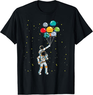 Universe Galaxy Space Planets Balloon Space Astronaut T-Shirt - T-Shirt | Black