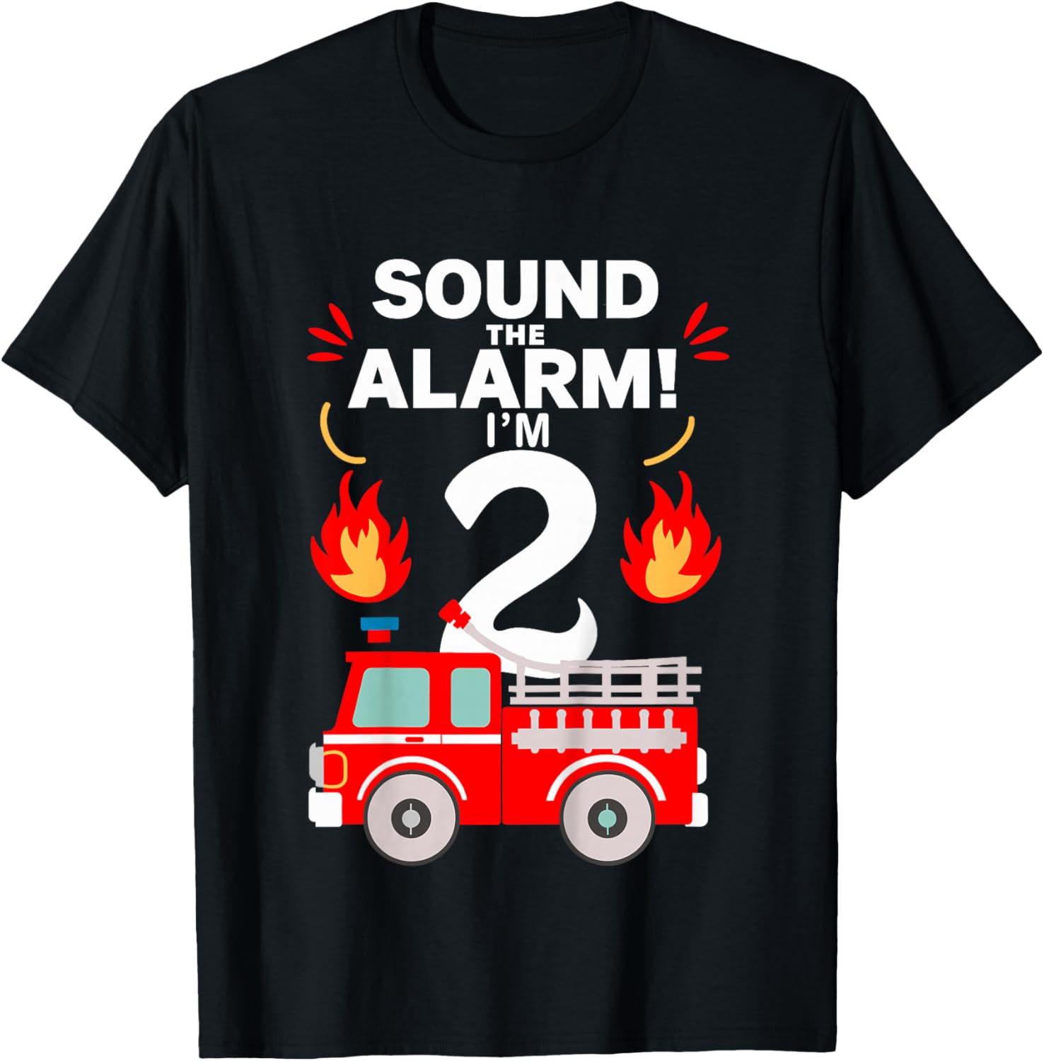 Kids 2nd Birthday Fire Truck 2 Year Old Birthday Boy Firefighter T-Shirt - T-Shirt | Black