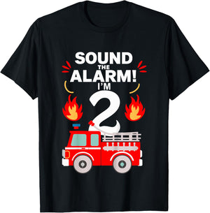 Kids 2nd Birthday Fire Truck 2 Year Old Birthday Boy Firefighter T-Shirt - T-Shirt | Black