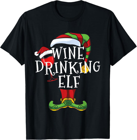 Wine Drinking Elf Lover Family Matching Christmas Funny T-Shirt - T-Shirt | Black