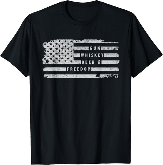 Gun Whiskey Beer and Freedom American Flag T-Shirt - T-Shirt | Black