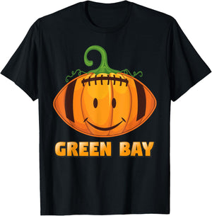 Pumpkin Halloween Costume Green Bay Football Cool Smile Face T-Shirt - T-Shirt | Black