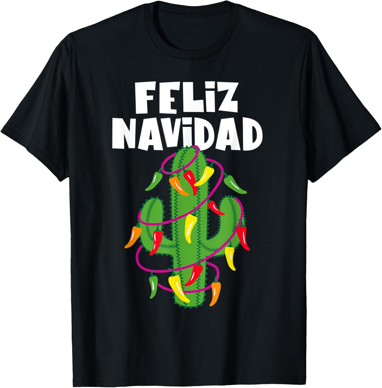Funny Feliz Navidad Cactus Tree & Lights Spanish Pajama Top T-Shirt - T-Shirt | Black