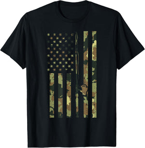 Camo US Flag Fishing Rod Pole Vintage Patriotic Fisherman T-Shirt - T-Shirt | Black