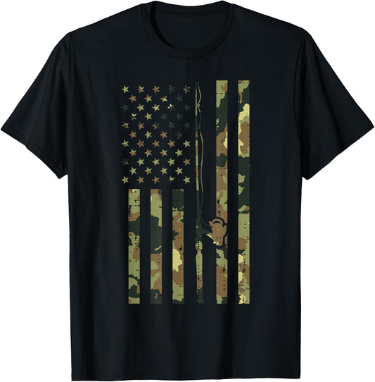Camo US Flag Fishing Rod Pole Vintage Patriotic Fisherman T-Shirt - T-Shirt | Black