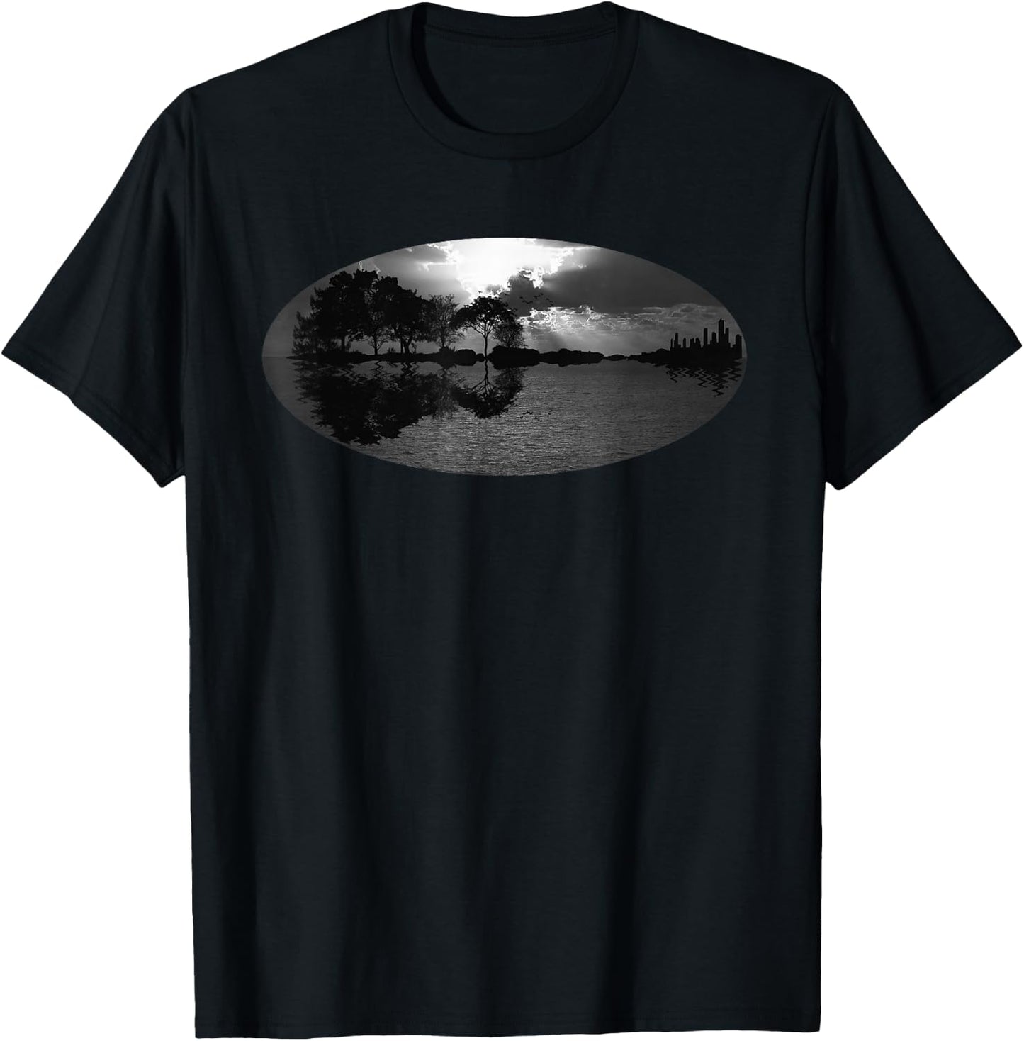 Guitar Sunset Sky Trees City Water Reflection Special Design T-Shirt - T-Shirt | Black