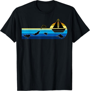 Nautical Sunrise Sailboat with Dolphins Beach Summer Sailing T-Shirt - T-Shirt | Black
