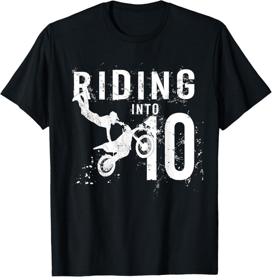 Riding Into 10 Years Old 10th Birthday Boy Dirt Bike Party T-Shirt - T-Shirt | Black