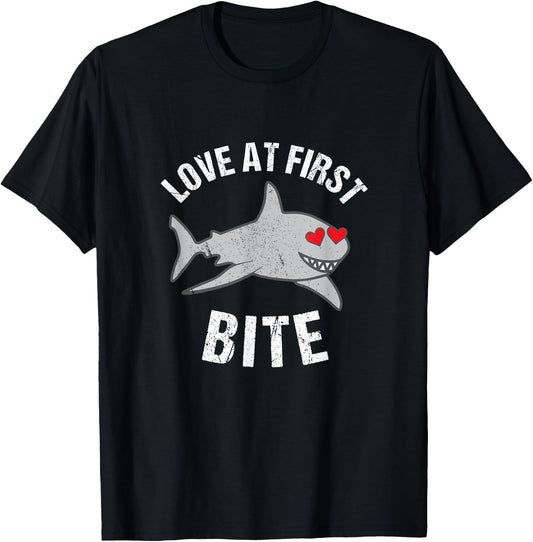 Shark Valentines Boys Funny Love At First Bite Girls T-Shirt - T-Shirt | Black