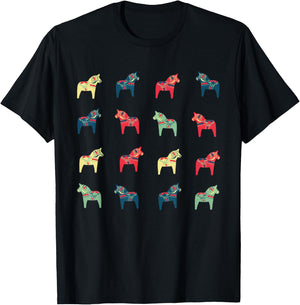 Swedish Dala Horses Dalecarlian Adults Black Small Modern Cartoon Embroidery Short Sleeve T-Shirt - T-Shirt | Black