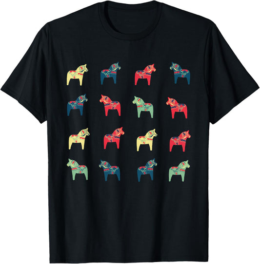 Swedish Dala Horses Dalecarlian Adults Black Small Modern Cartoon Embroidery Short Sleeve T-Shirt - T-Shirt | Black