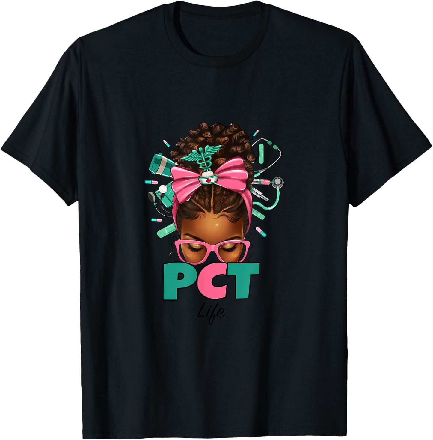 PCT Patient Care Technician Messy Bun African American Women T-Shirt - T-Shirt | Black