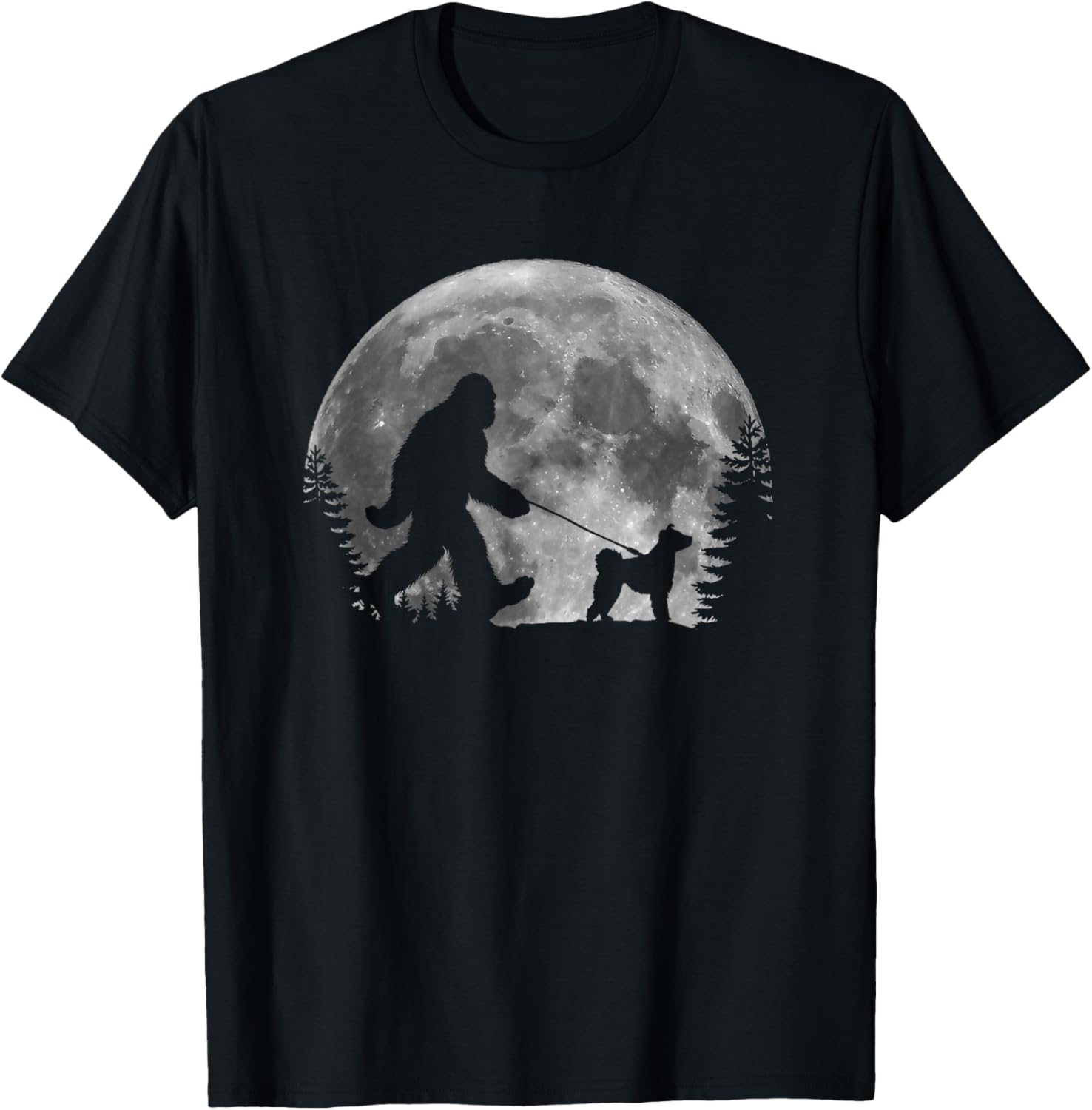 Bigfoot Walking a Dog Funny Pumi Lovers Moon Halloween T-Shirt - T-Shirt | Black