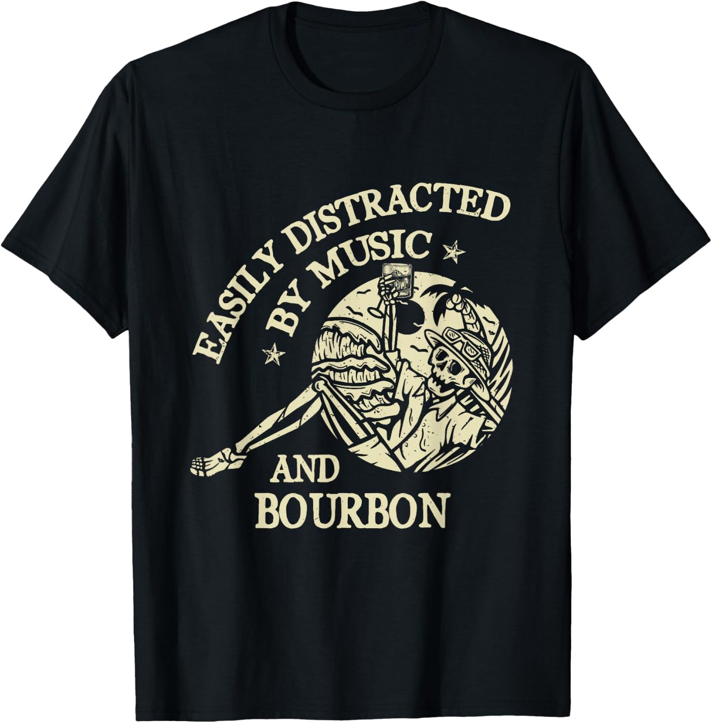 Easily Distracted By Music And Bourbon Skeleton T-Shirt - T-Shirt | Black