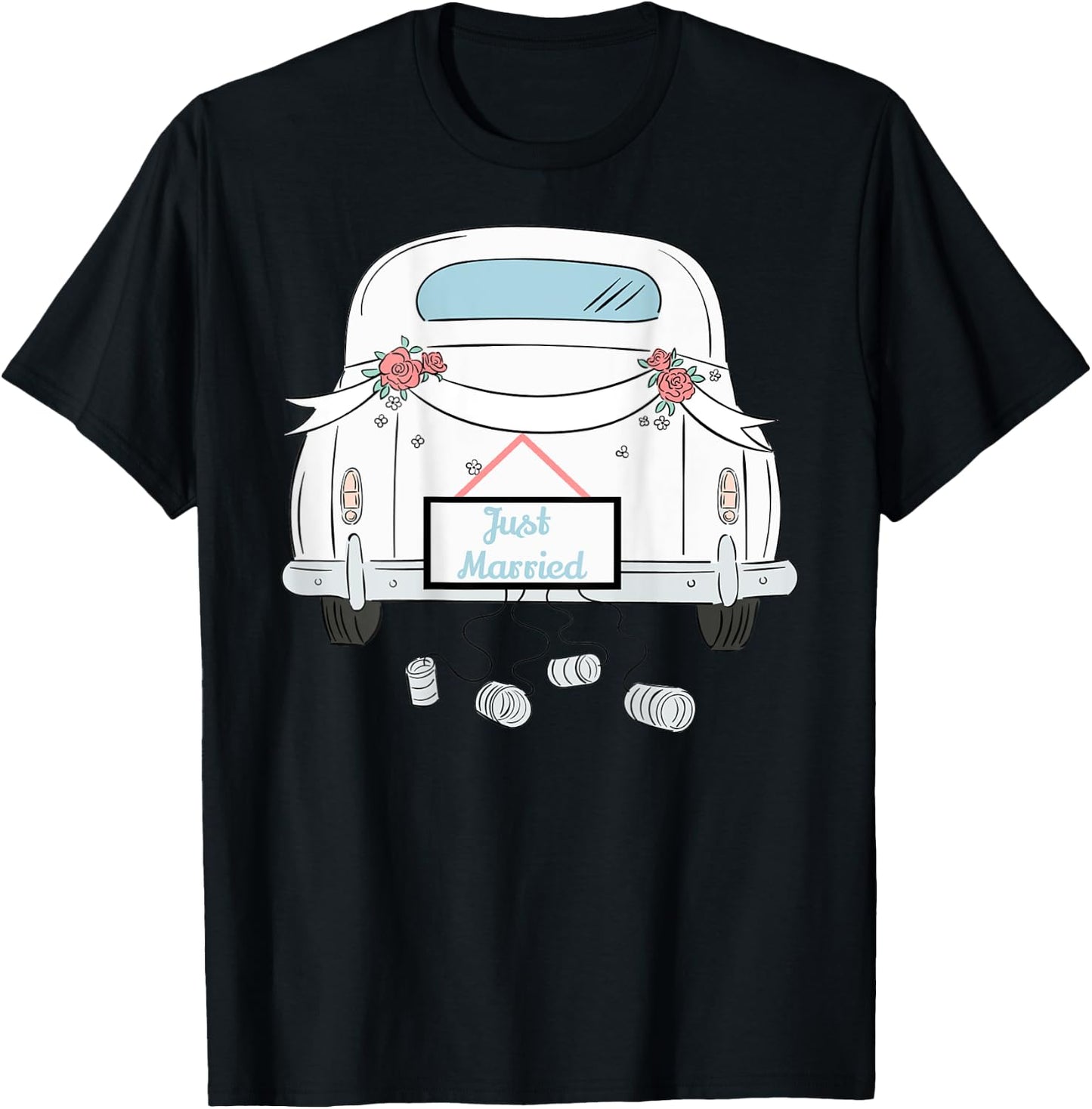 Just Married Honeymoon Car With Cans Design on Back T-Shirt - T-Shirt | Black