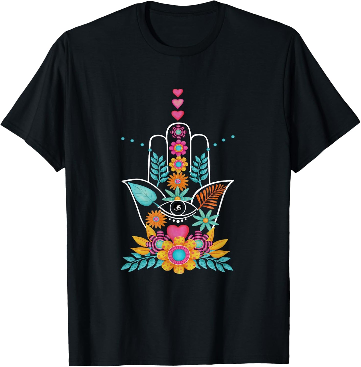 Hamsa Evil Eye Hand Of Fatima Flowers Protection Symbol Gift T-Shirt - T-Shirt | Black