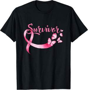 Breast Cancer Awareness Pink Butterflies Band Survivors T-Shirt - T-Shirt | Black