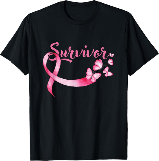 Breast Cancer Awareness Pink Butterflies Band Survivors T-Shirt - T-Shirt | Black