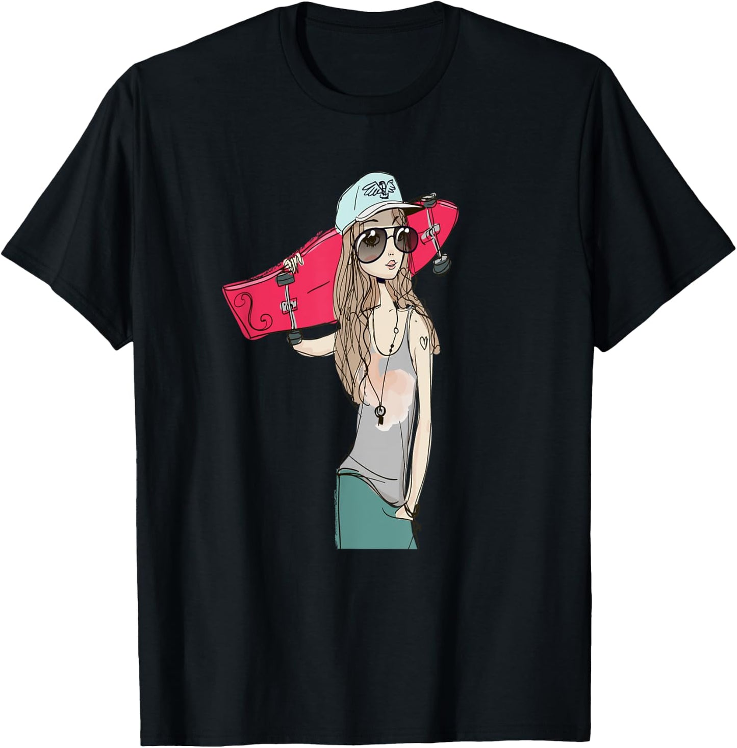 Skaters Having Fun Pro Longboard Skateboard Skater Girl T-Shirt - T-Shirt | Black