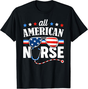 All American Nurse 4th of July Patriotic USA Flag Nursing Women Men T-Shirt - T-Shirt | Black
