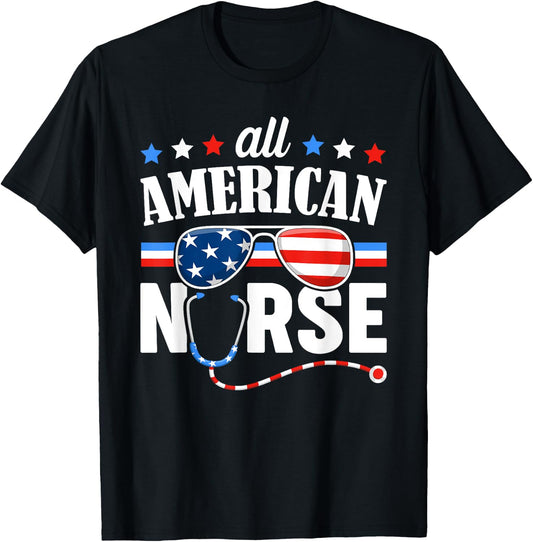 All American Nurse 4th of July Patriotic USA Flag Nursing Women Men T-Shirt - T-Shirt | Black
