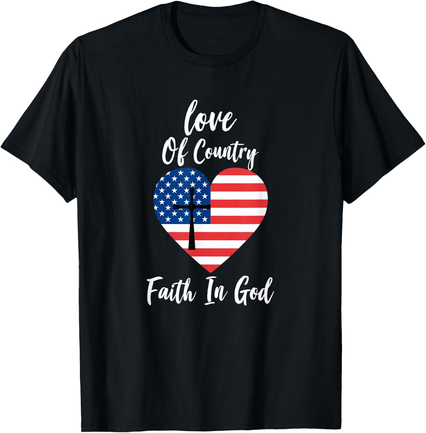Patriotic Christian Faith In God Heart Cross American Flag T-Shirt - T-Shirt | Black
