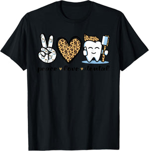 Peace Love Dental Leopard Heart Teeth Funny Dentist T-Shirt - T-Shirt | Black