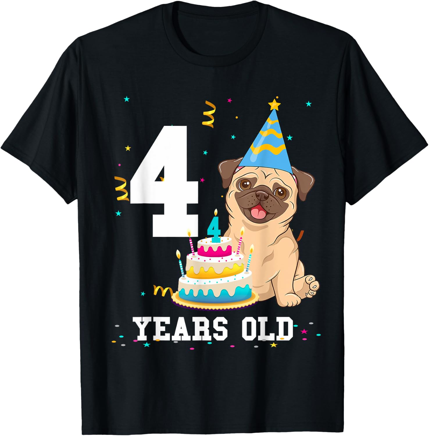 4 Years Old Birthday Pug Dog Lover Party Kids Boys Girls T-Shirt - T-Shirt | Black