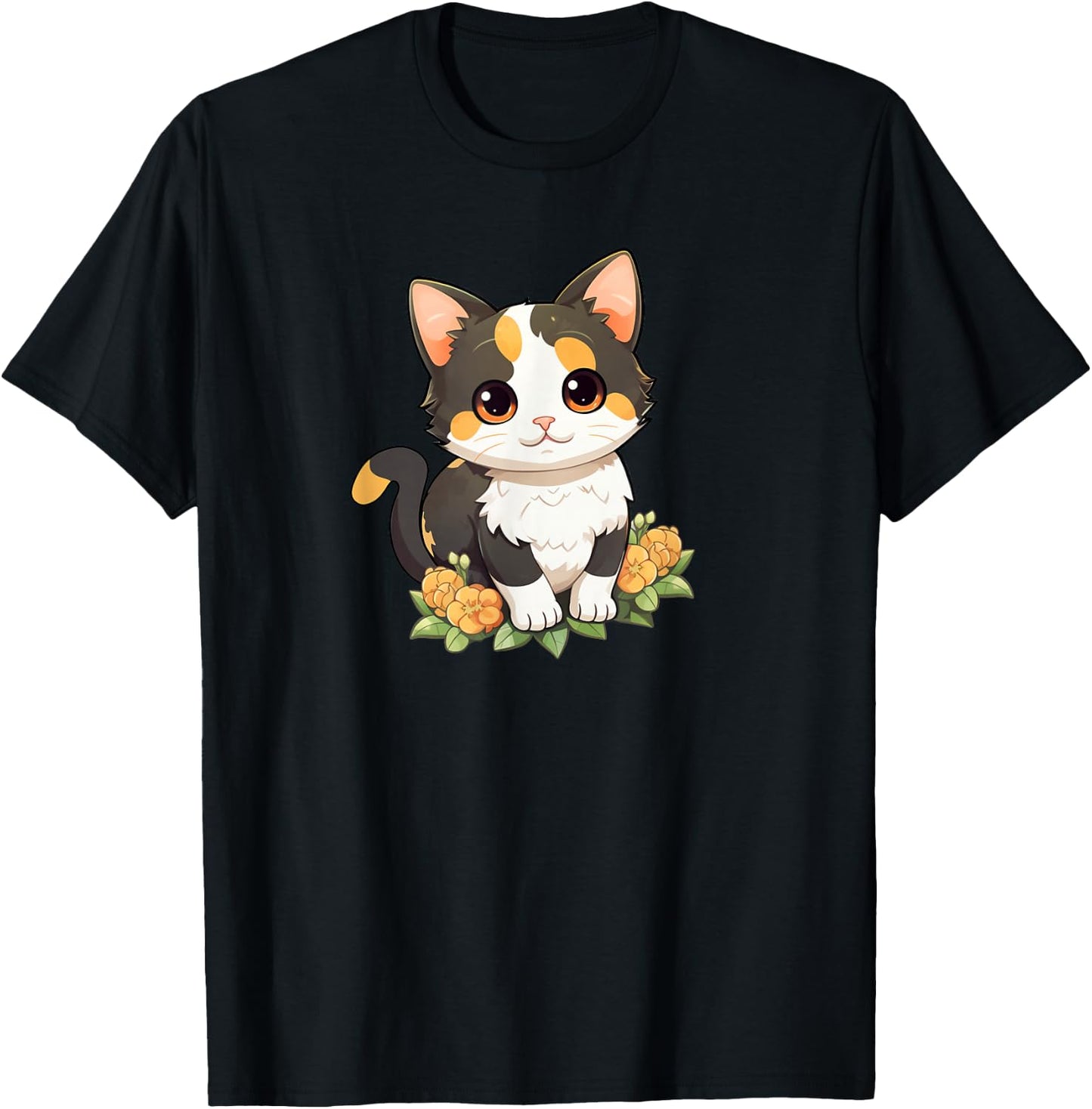 Cute Kawaii Kids Girls Flowers Calico Cat Lover T-Shirt - T-Shirt | Black
