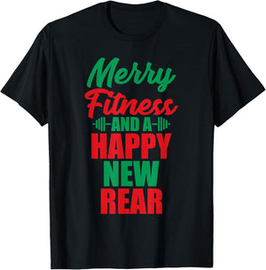 Merry Fitness And A Happy New Rear Funny Christmas Workout T-Shirt - T-Shirt | Black