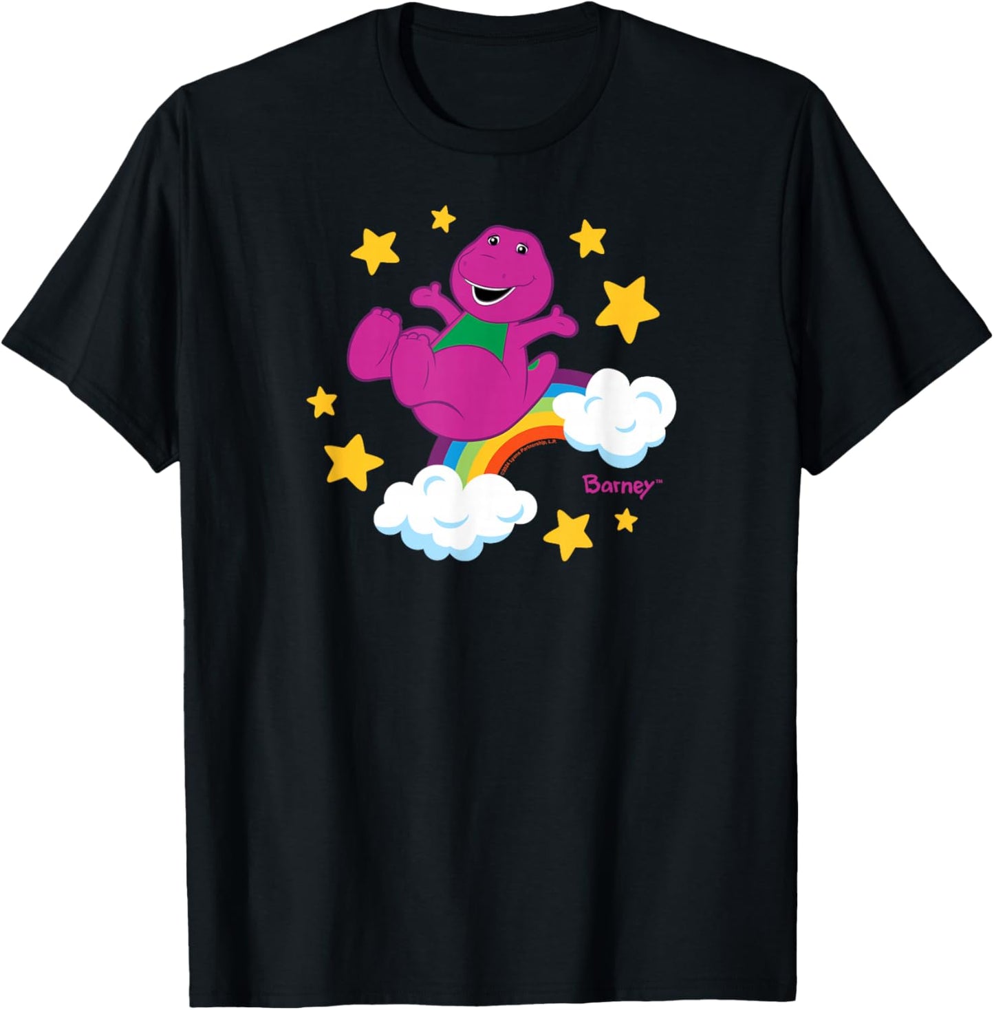Barney - Sky Stars with Rainbow and Clouds, Purple Dino T-Shirt - T-Shirt | Black