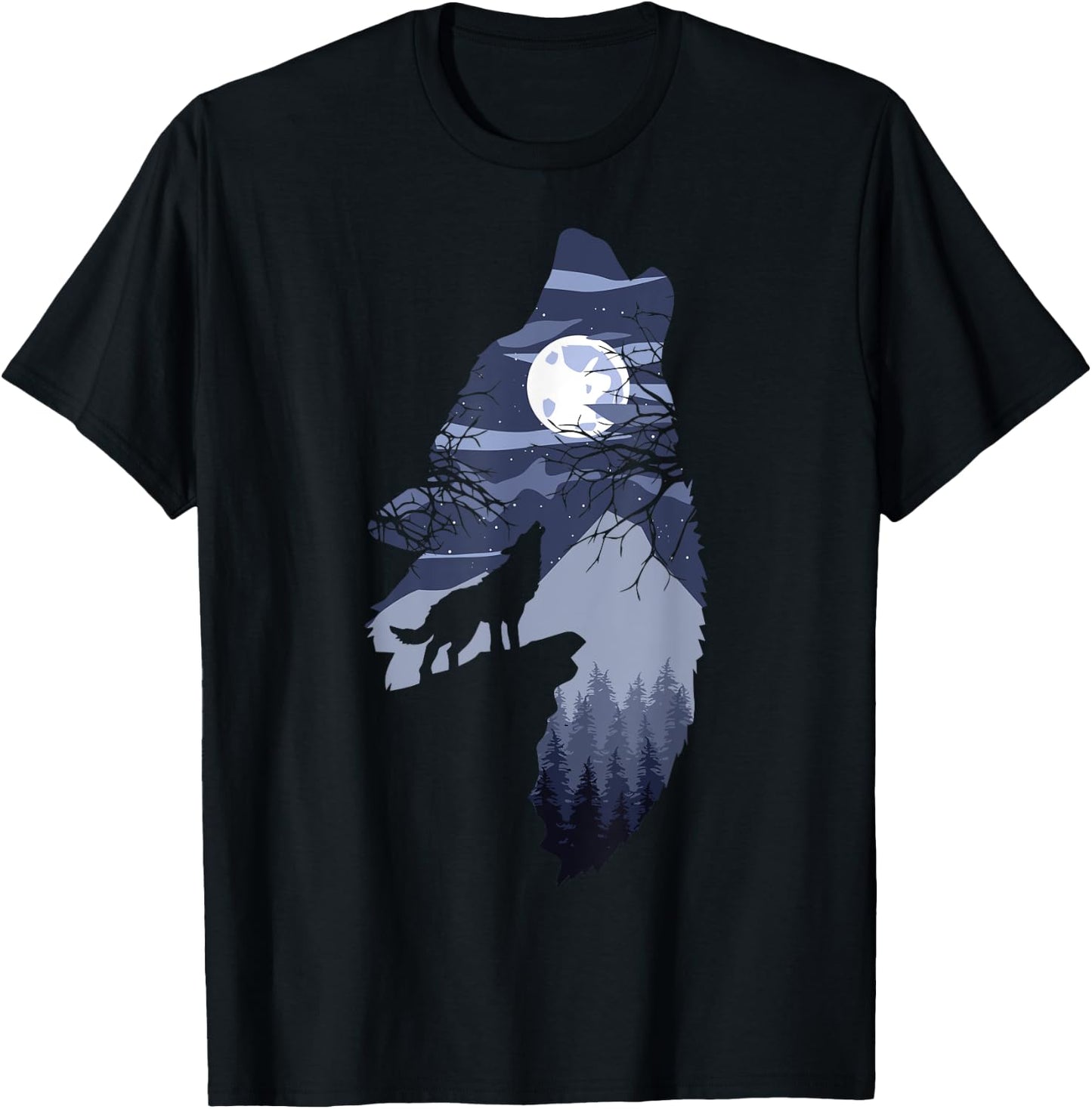 Forest with Full-Moon and Cliff Of Silhouette Howling Wolf T-Shirt - T-Shirt | Black