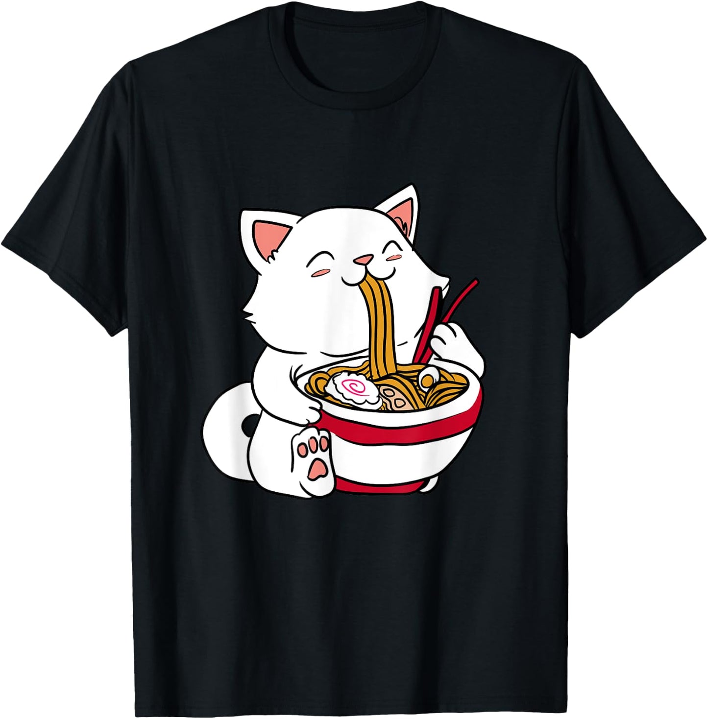 Brand Kawaii Cat Eating Ramen Noodles Japanese Food Anime T-Shirt - T-Shirt | Black