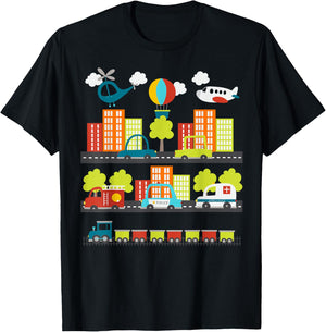 Transportation Trucks Cars Train Plane Emergency Vehicle Boy T-Shirt - T-Shirt | Black