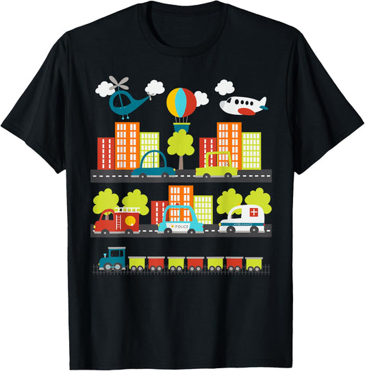 Transportation Trucks Cars Train Plane Emergency Vehicle Boy T-Shirt - T-Shirt | Black