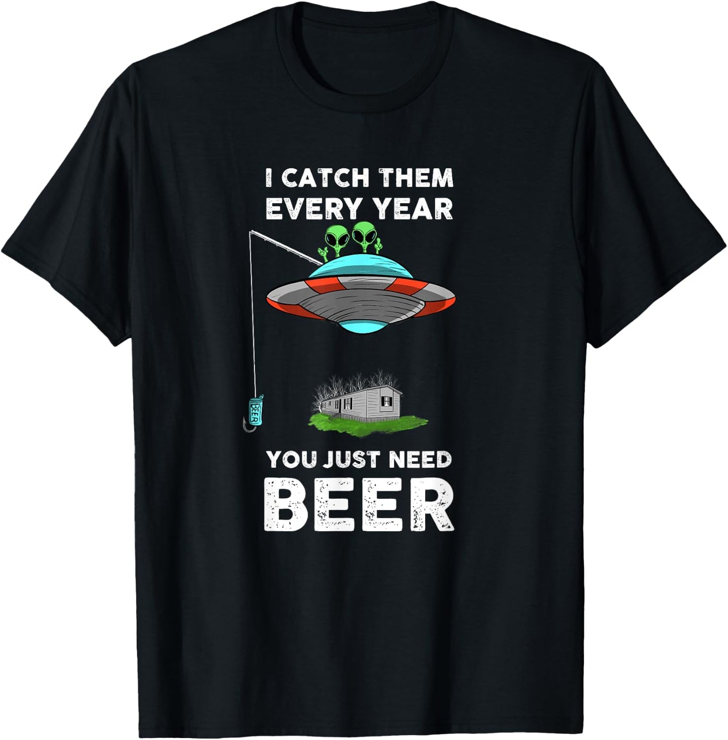 Funny Alien and UFO Redneck Fishing Beer Graphic T-Shirt - T-Shirt | Black