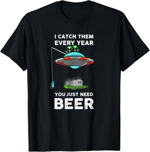 Funny Alien and UFO Redneck Fishing Beer Graphic T-Shirt - T-Shirt | Black
