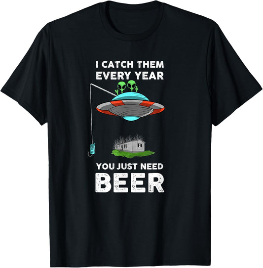 Funny Alien and UFO Redneck Fishing Beer Graphic T-Shirt - T-Shirt | Black