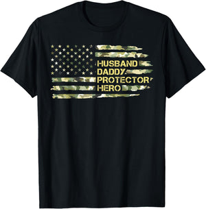 Camo American Flag Husband Daddy Protector Hero Fathers Day T-Shirt - T-Shirt | Black