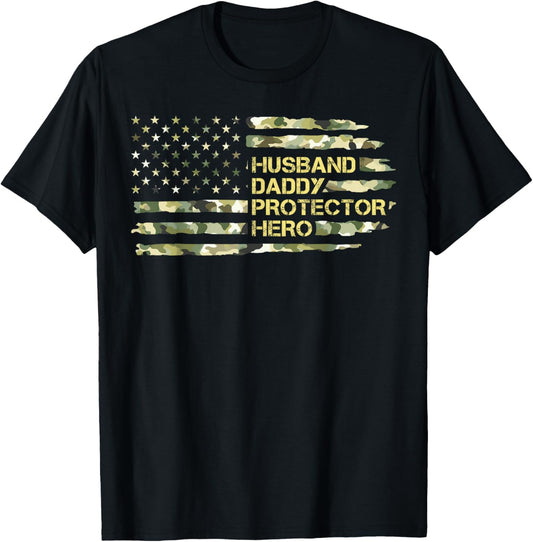 Camo American Flag Husband Daddy Protector Hero Fathers Day T-Shirt - T-Shirt | Black