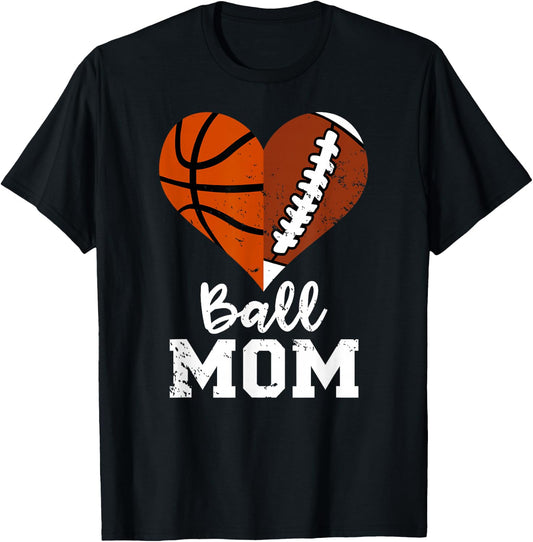 Ball Mom Heart Funny Football Basketball Mom T-Shirt - T-Shirt | Black