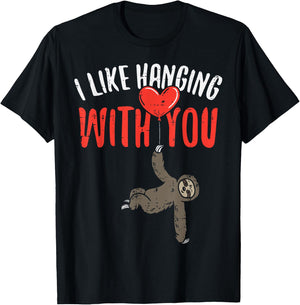 I Like Hanging With You Sloth Heart Cute Valentines Day T-Shirt - T-Shirt | Black