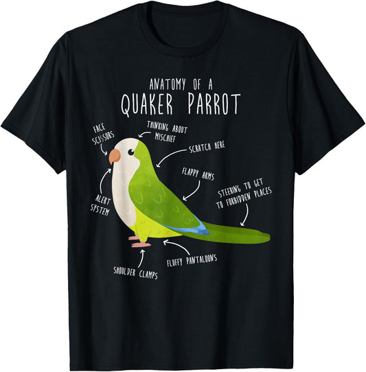 Green Quaker Parrot Anatomy, Cute Funny Pet Monk Bird Lover T-Shirt - T-Shirt | Black