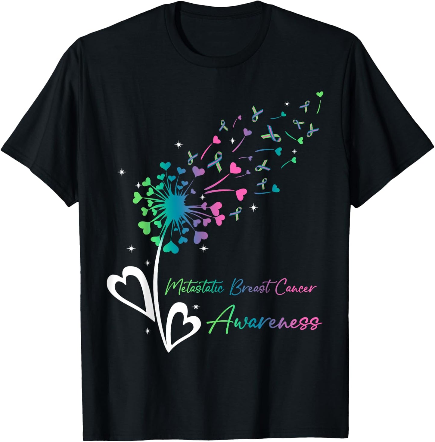 Heart Dandelion Flower Green Teal Pink Ribbons MBC Awareness T-Shirt - T-Shirt | Black